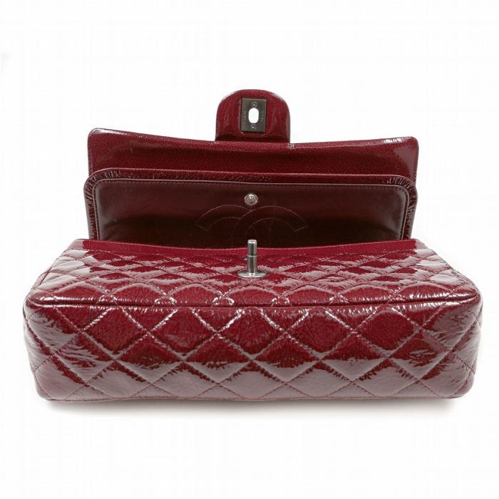 Authentic Chanel Bordeaux Patent Leather Medium Double Flap Bag