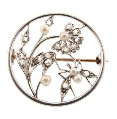 Edwardian Tiffany Platinum Diamond Pearl Flower Insect Pin