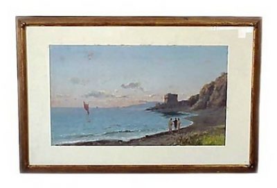 19th C Italian Gouache Painting Bay Of Naples C 1880