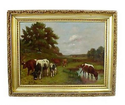 Painting Landscape Oil Grazing Cattle Eugene Du Theil