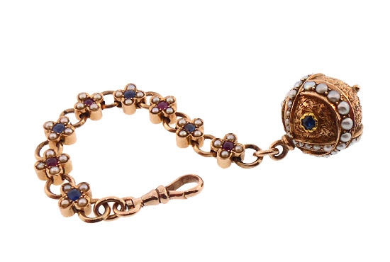 Victorian Renaissance Revival 14K Ruby Sapphire Pearl Watch Fob