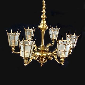 Tudor Style 6 Light Brass Chandelier C 1920