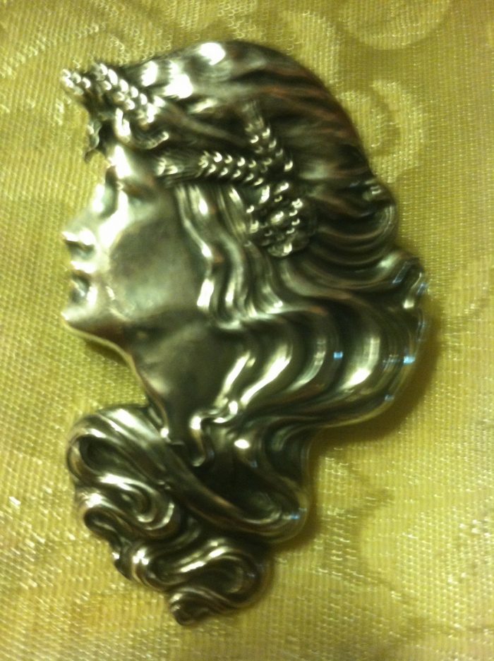 Sterling Unger Brothers Pin/Brooch of a Woman's Head with Flowing Hair and Wheat