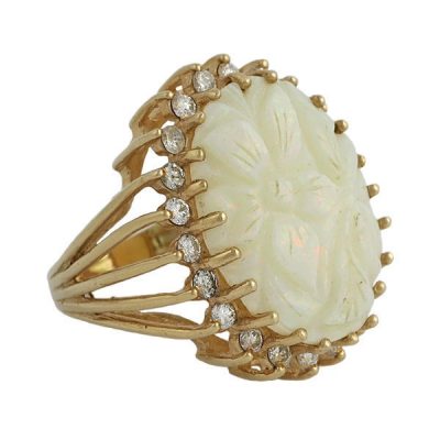 Vintage 14K Gold Carved Opal and Diamond Cocktail Ring