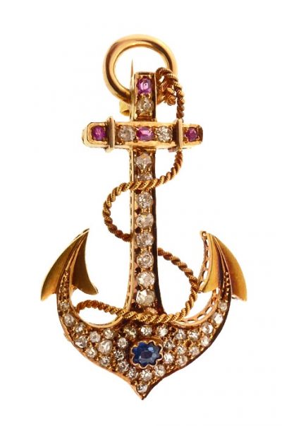Victorian 18K Gold Diamond Sapphire Ruby Anchor Pin/Pendant