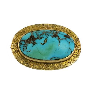 Victorian 14K Gold Turquoise Brooch with Engraved Frame