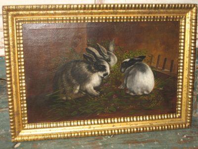 French Oil on canvas of Rabbits