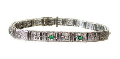Art Deco 14K W. Gold Emerald Diamond Filigree Bracelet