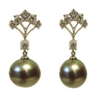 18K White Gold Diamond and Black Baroque Pearl Earrings