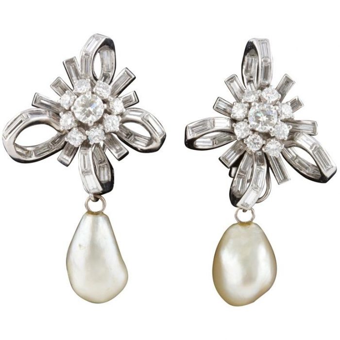 GIA Natural Pearl and Diamond Bow Earrings