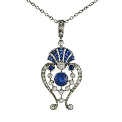 Edwardian Platinum Diamond Sapphire Pendant 1910