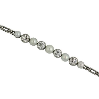 Edwardian Platinum Diamond and Pearl Link Bracelet