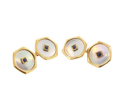 Edwardian 18K Gold Sapphire & Mother-of-Pearl Cufflinks