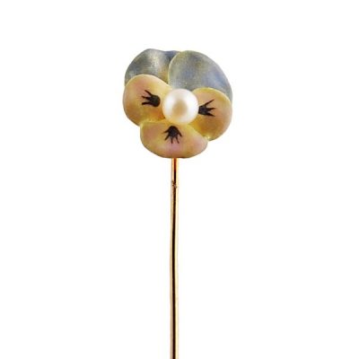 Art Nouveau 14K Gold Enamel Pansy Stick Pin with Pearl