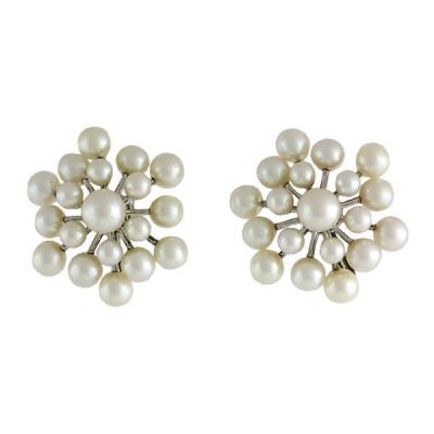 Japanese Mikimoto Pearl Snowflake Earrings Silver Backs