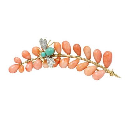 Large Coral Leaf and Turquoise Bumblebee Brooch