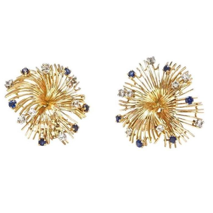 French Diamond and Sapphire Spray Earrings
