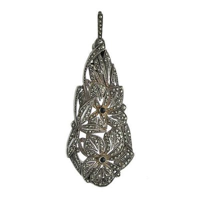 Art Deco Silver Marcasite & Onyx Floral Lorgnette / Pendant