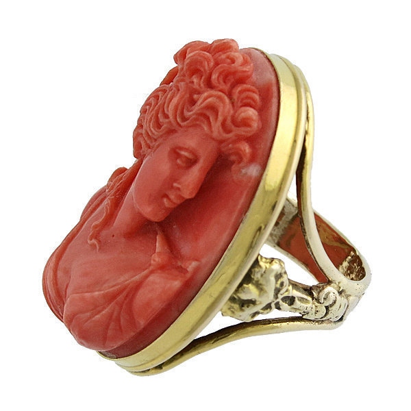 Large Art Nouveau Carved Coral Cameo 14K Gold Ring