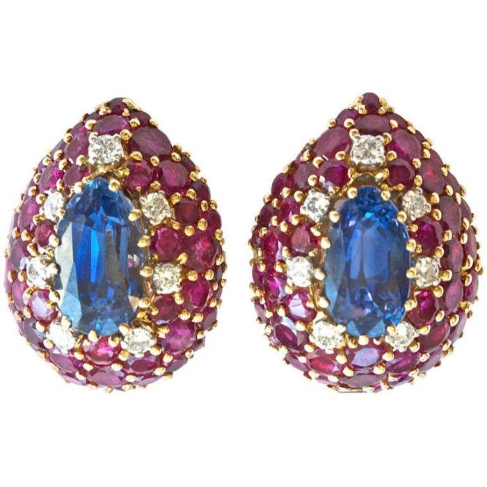Natural Sapphire Ruby Diamond Earrings
