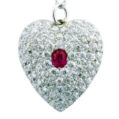 Edwardian Ruby and Diamond Heart Pendant Necklace