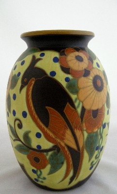 Boch Freres Keramis Vase with Exotic Birds