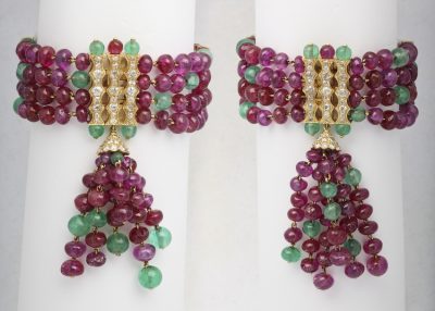 Ruby & Emerald Bead Tassel Bracelets with 18K Gold & Diamond Clasps