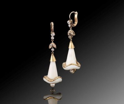 Carved ivory diamond Calla Lily pendant earrings