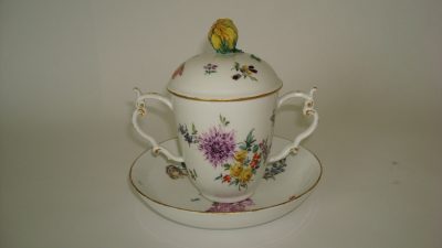 Meissen Lidded Cup with double handles and saucer